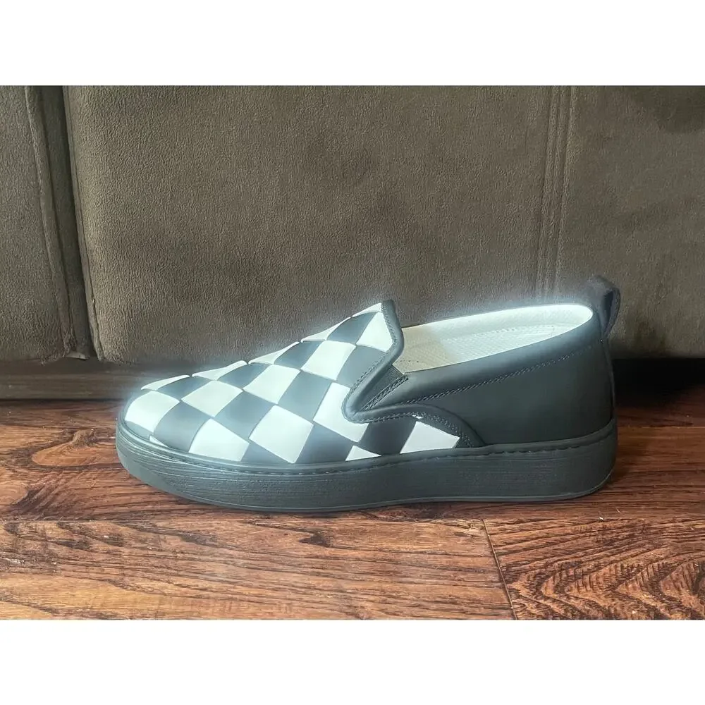 $1095 NIB Bottega Veneta Woven Leather Slip-On Sneakers Black White Men's 10(43)